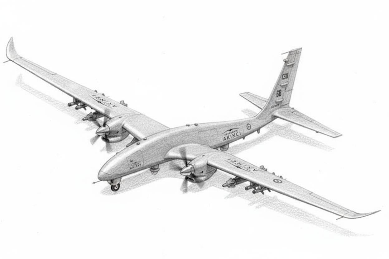 Grayscale pencil drawing of a Turkish drone on white background.