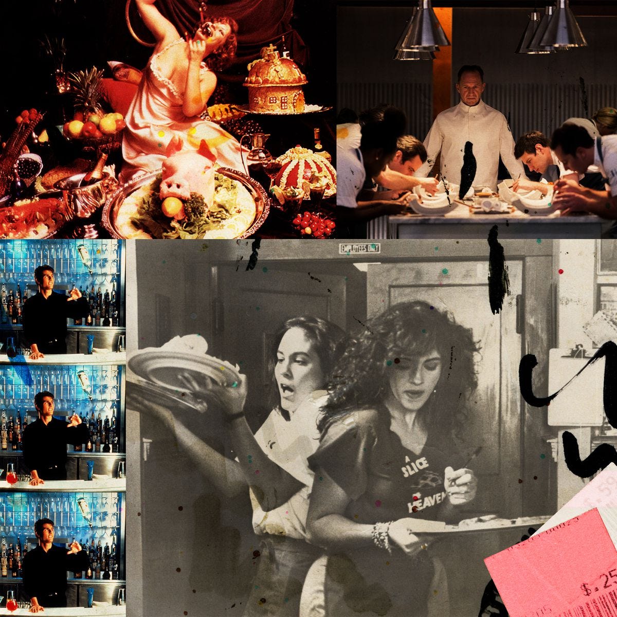 A collage of scenes from Cocktail, Mystic Pizza, La Grande Bouffe, and The Menu