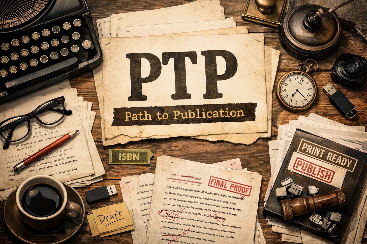 Path to Publish Image of a Desk with lots of cluttered paper, coffee, eyeglasses, a pencil and old typewriter and several drafts