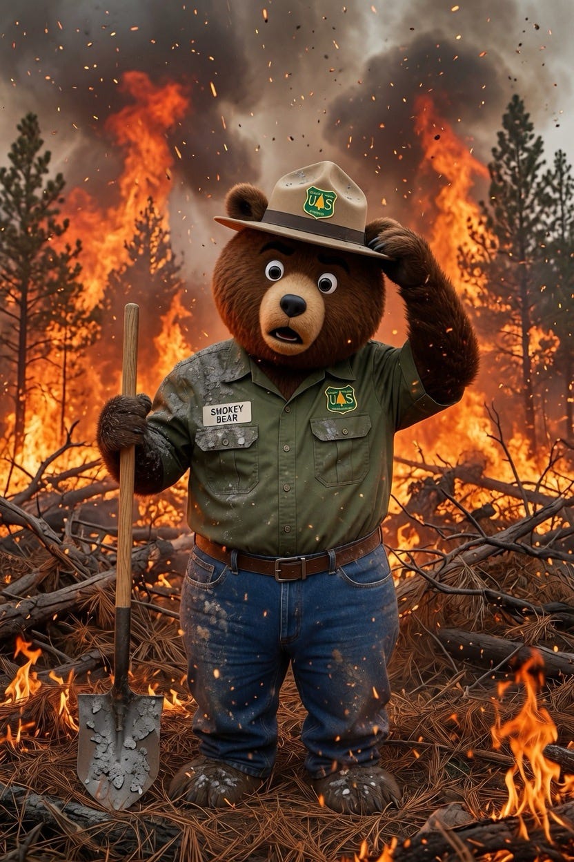 Grok Imagine pictures a confused Smokey Bear, standing in the middle of a wildfire that was enhanced by the “put them all out immediately” style of wildfire policies he advocated