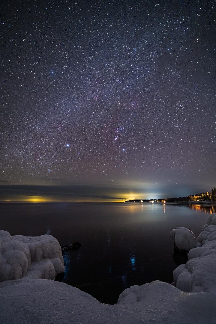A selection of landscape photos that show winter images near frozen shorelines and water.