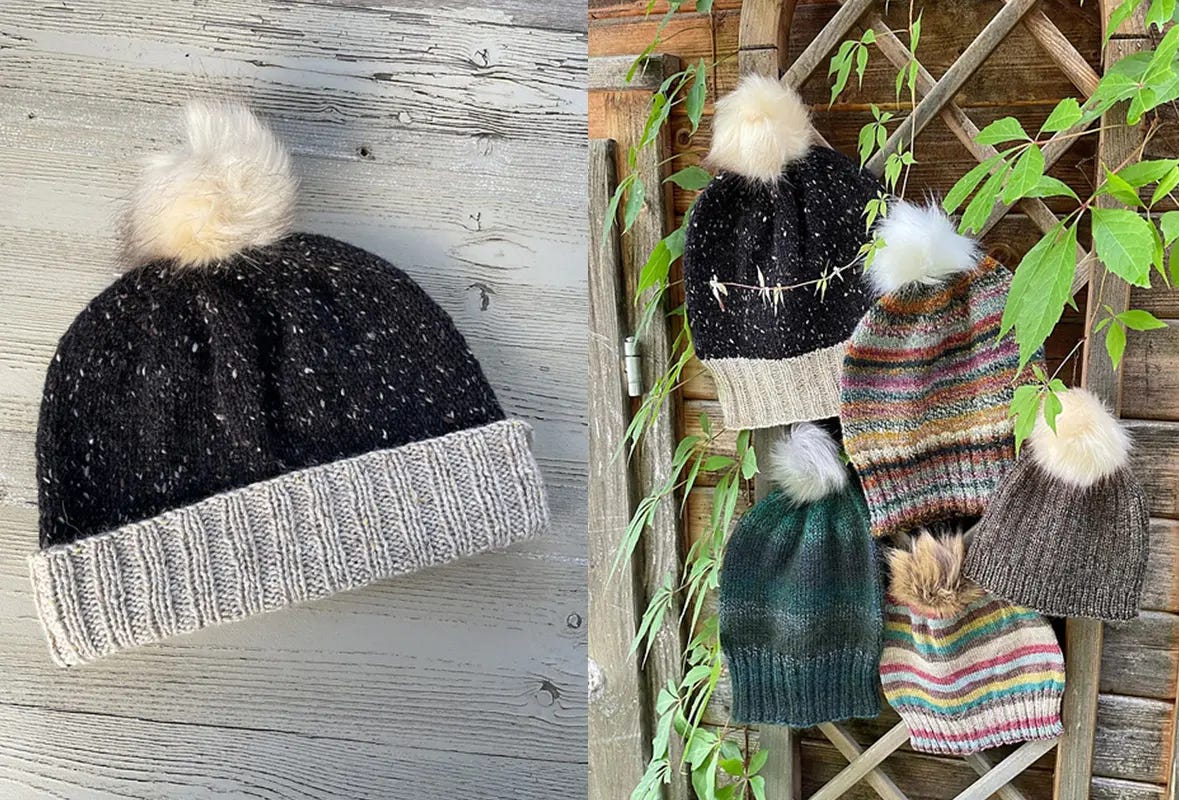 on the left, a black hat with grey brim; on the right, colorful hats