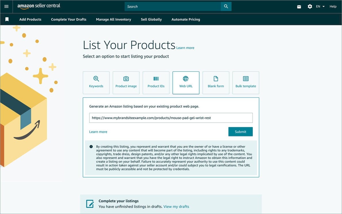 A photo of the Amazon seller product listing experience.