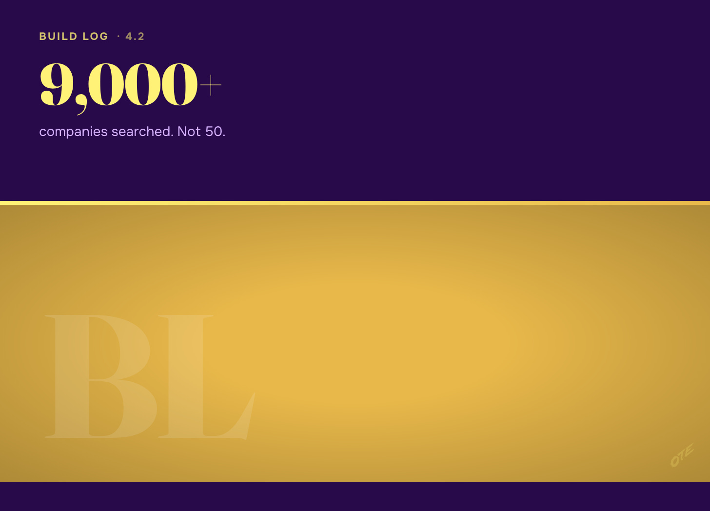 9,000+ companies searched. Not 50. — Build Log hero