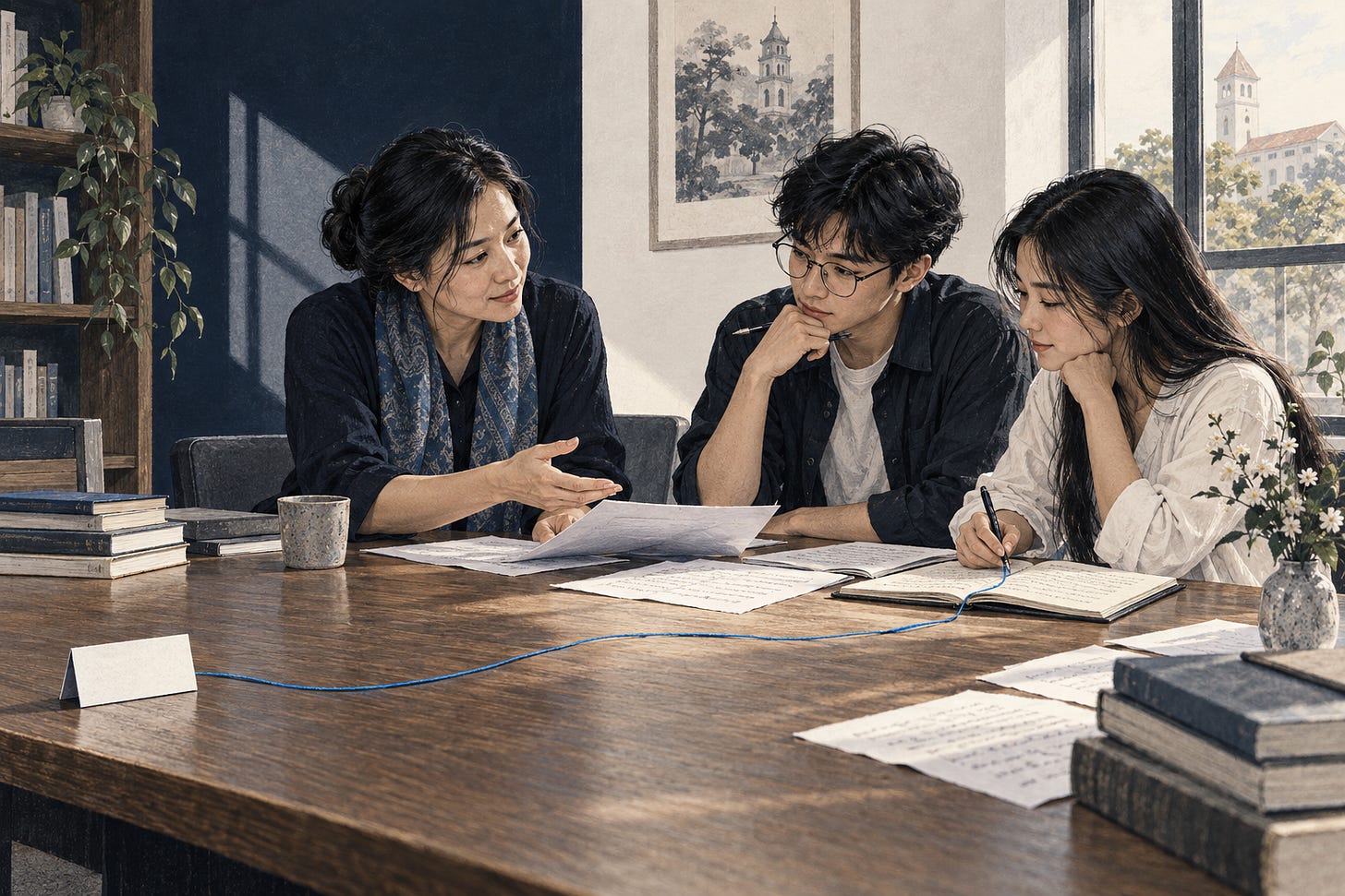 Một giảng viên và hai người học cùng xem lại các bản nháp trên bàn học; đường xanh mảnh đi từ một thẻ điểm trống đến cuốn vở mở.