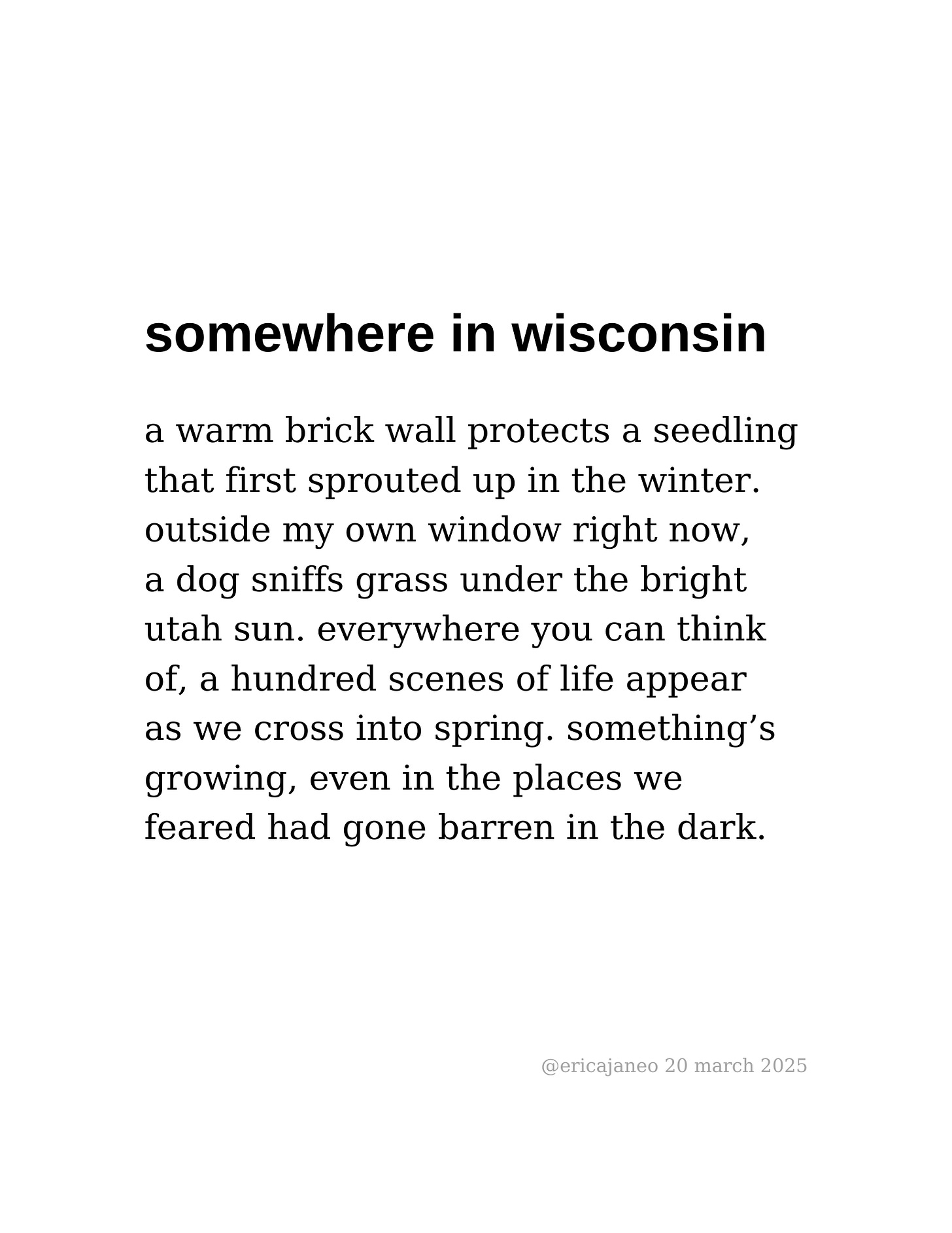 somewhere in wisconsin  a warm brick wall protects a seedling  that first sprouted up in the winter.  outside my own window right now, a dog sniffs grass under the bright  utah sun. everywhere you can think of, a hundred scenes of life appear  as we cross into spring. something’s growing, even in the places we  feared had gone barren in the dark.