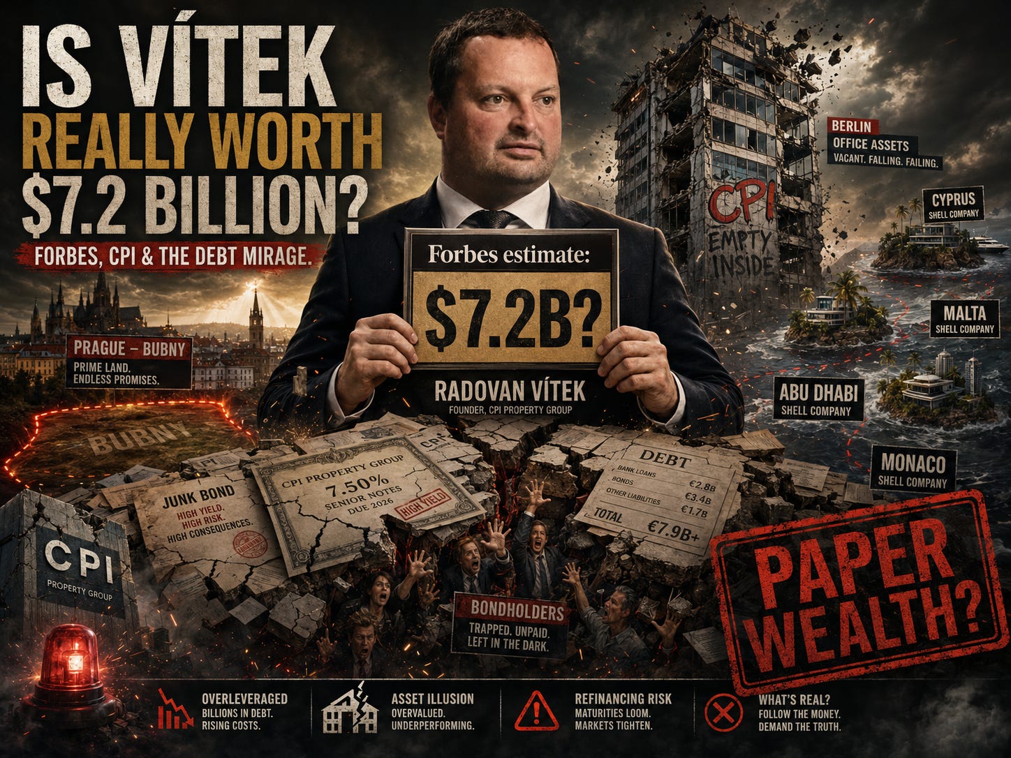 Forbes' Radovan Vítek Problem: Lists wealth at $7.2B, but CPI’s debt, junk ratings, appraisal gaps, and shell-companies raise questions.