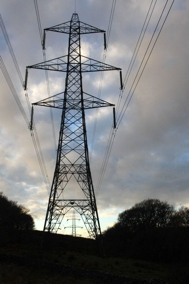 Llennyrch farmland in Eryri bisected by high tension pylons