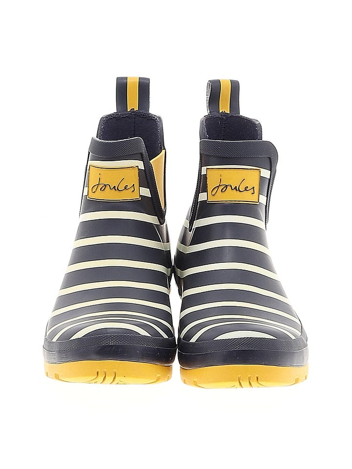 A blue and white women's rain jacket and a pair of navy, white, and yellow rain boots. 