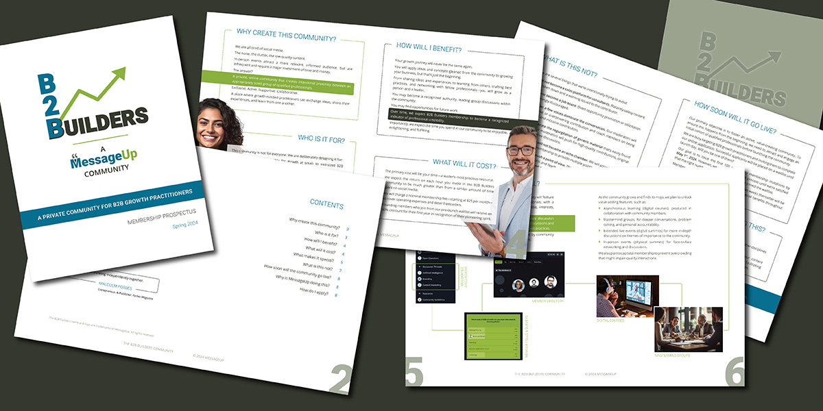 Montage of pages from the B2B Builders prospectus