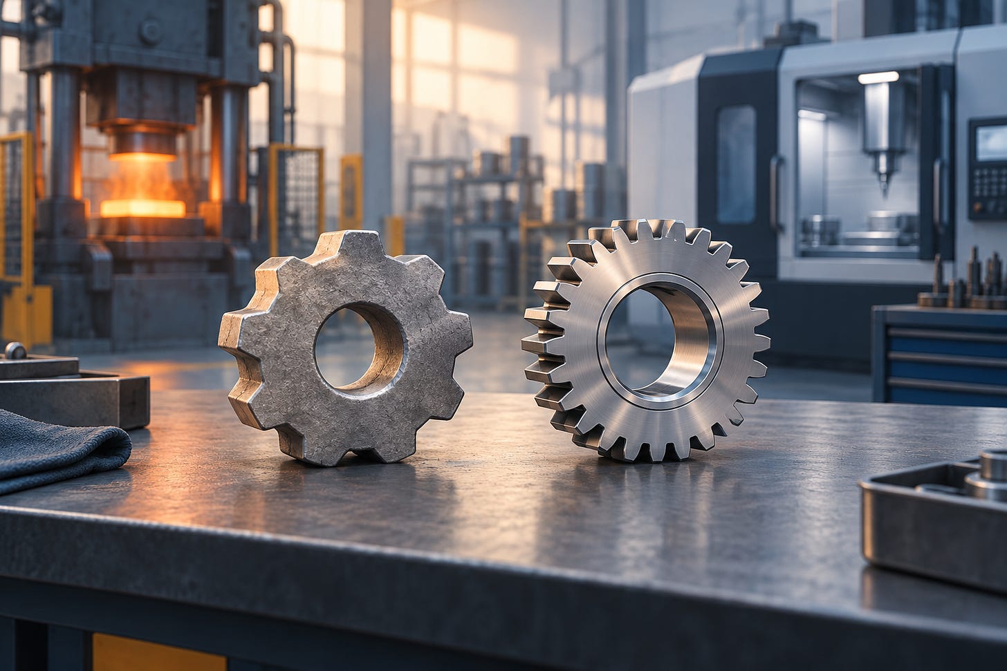 Conceptual illustration of a formed metal component and a finished gear on an industrial workbench. Conceptual illustration of a formed metal component and a finished gear on an industrial workbench.