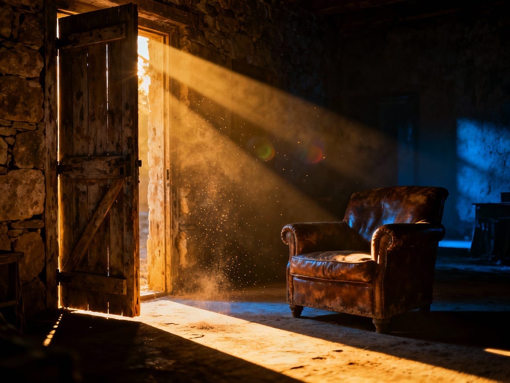 Sunlight pours through an open wooden door into a dim room. Dust floats in the beam of light over an empty leather chair, suggesting rest after effort.