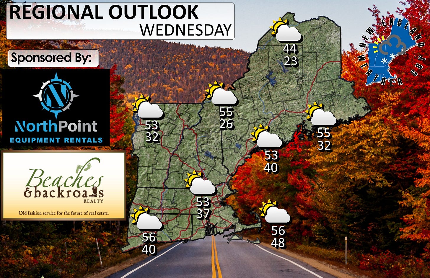 May be an image of ‎map, road and ‎text that says '‎REGIONAL OUTLOOK WEDNESDAY Sponsored By: 44 23 NorthPoint EQUIPMENT RENTALS 53 32 55 26 55 32 53 40 Beaches &backroa.s S REALTY Old fashion service for the future Olifaioneviceternr re real estate. 53 37 3 56 40 56 48 המחלמ‎'‎‎