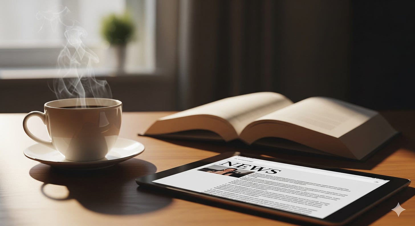 A steaming cup of coffee on a wooden desk next to an open book and a tablet computer displaying a news article. A steaming cup of coffee on a wooden desk next to an open book and a tablet computer displaying a news article.