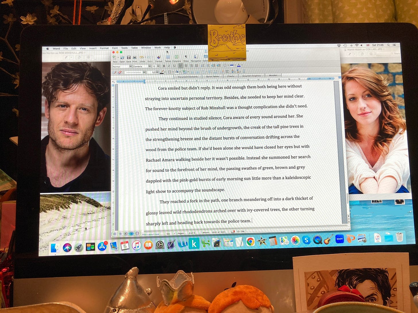 A photo of my desktop computer screen on my desk. On the screen is the manuscript of one of my Cora Lael crime-thrillers, flanked on either side by the actors I have cast as the two main characters. On the left is James Norton as DS Rob Minshull and on the right is Niamh Walsh as Dr Cora Lael.
