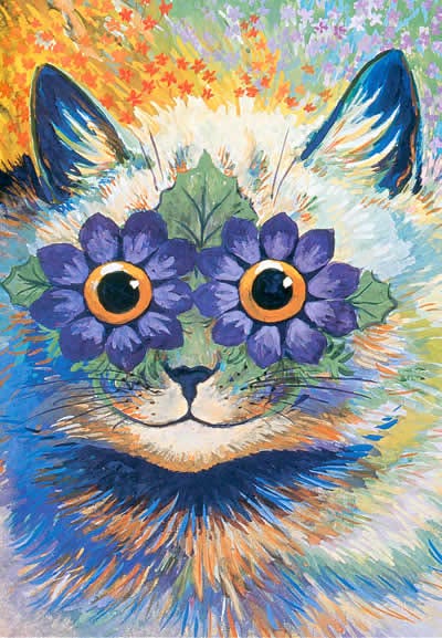 Grade com quatro pinturas de gatos realizadas pelo artista Louis Waren. 1. A pintura em estilo Art Nouveau apresenta um gato laranja antropomorfizado, com listras e olhos grandes e expressivos. O gato usa um monóculo em um dos olhos e tem uma expressão facial curiosa ou satisfeita. Ele está segurando e lendo um livro aberto com ilustrações coloridas nas páginas. O fundo é predominantemente azul 2. A imagem é uma ilustração colorida intitulada "The Skipping Mascot" (O Mascote Saltitante), e apresenta um gato cinza antropomórfico, usando um vestido bege ou amarelo e pulando corda. O gato tem olhos grandes e expressivos. A ilustração mostra o gato de perfil, com a boca aberta e bigodes proeminentes. O título da obra e a assinatura do artista são visíveis na parte inferior direita da imagem. 3. A imagem é uma pintura vibrante e colorida do rosto de um gato, com flores roxas cobrindo seus olhos. A pintura utiliza uma paleta de cores brilhantes e saturadas, com pinceladas expressivas que dão uma sensação de energia e movimento. Tons de azul, laranja, amarelo e verde se misturam para criar um efeito visual intenso. O rosto do gato preenche a maior parte da tela, centralizando o foco no seu olhar peculiar. As flores roxas com miolos alaranjados substituem os olhos, adicionando um elemento surreal e lúdico à imagem. 4. A imagem é uma obra frequentemente referida por títulos como "Trippy Kitty" ou "Psychedelic Rainbow Cat". A ilustração colorida apresenta um gato de perfil, preenchido com padrões intrincados, caleidoscópicos e redemoinhos, utilizando uma paleta de cores vibrantes e ousadas, incluindo amarelo, laranja, rosa, azul e verde. A assinatura do artista, "Louis Wain", é visível no canto inferior esquerdo da imagem.
