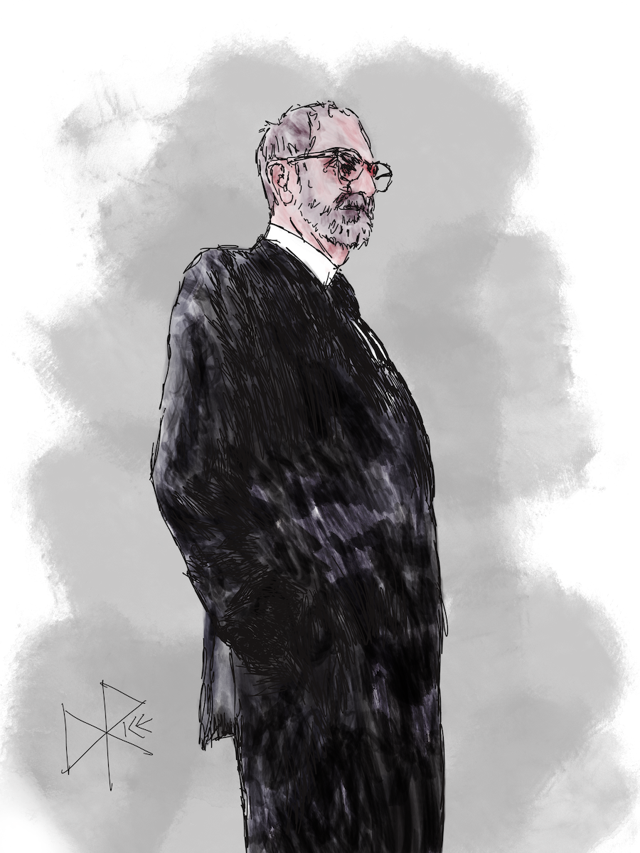 A bearded man stands, casually but sombrely, in his black suit. He parks his hands in his pockets as he surveys his surroundings. Sketch art by Don Rice.