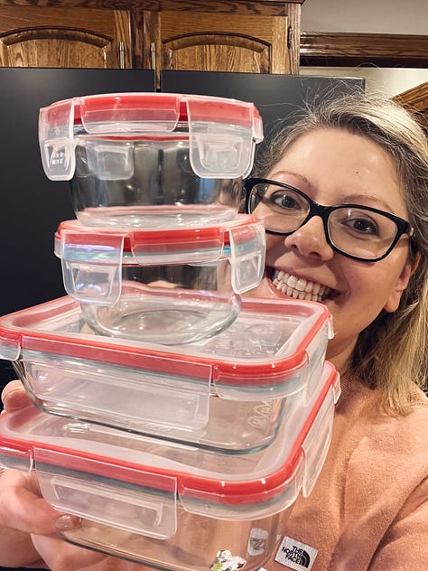 Tupperware set, sushi dinner, Sam eating yogurt