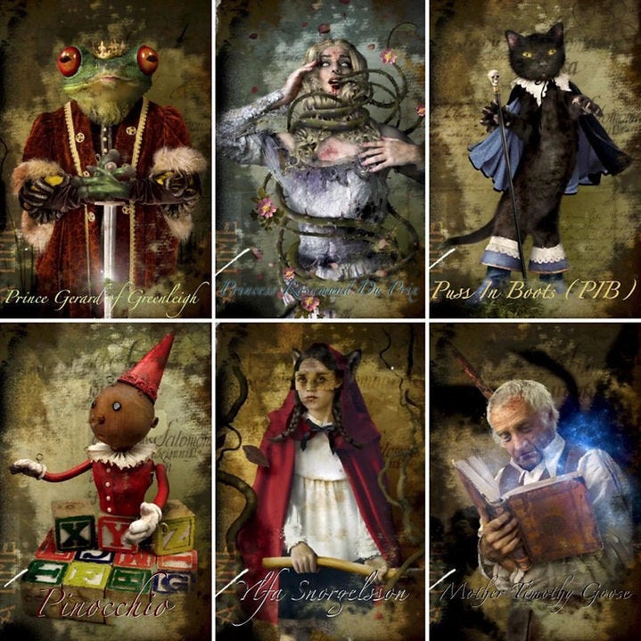 Six fantasy characters: frog prince, entrapped woman, cat with cane, puppet, girl in red hood, and old man with book. Mysterious, whimsical setting.