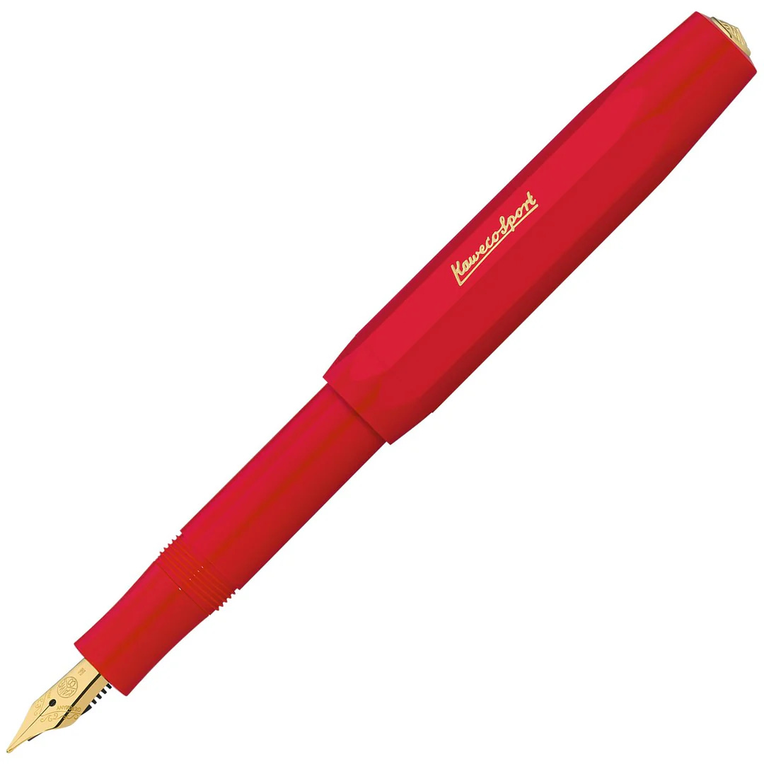 Bright red Kaweco Sport fountain pen with gold nib, photographed on a white background at a diagonal angle.