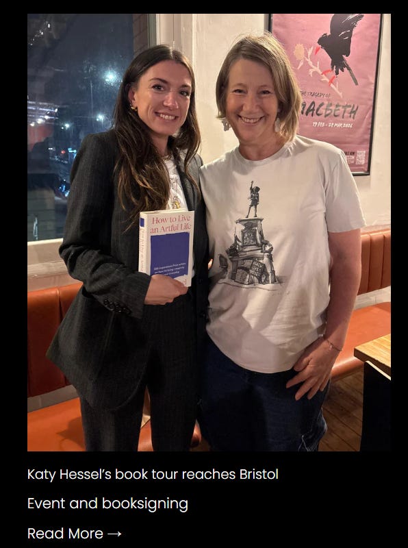 Art historian Katy Hessel holding her new book, next to me beaming