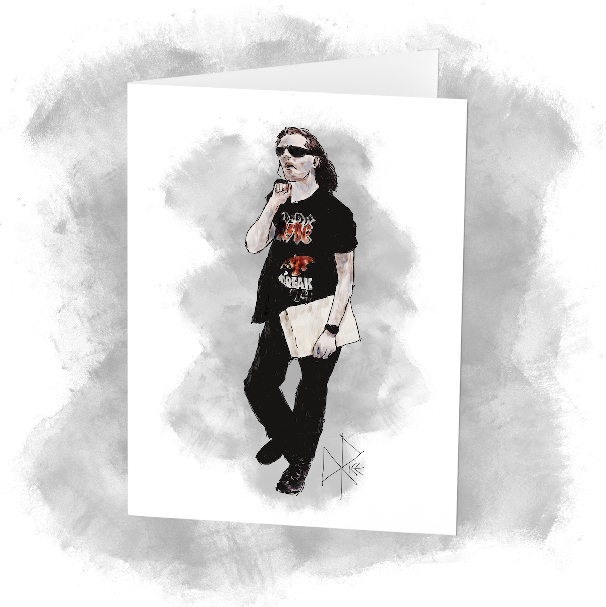 On a late summer day, a young heavy metal fan walks while carrying a manila envelope, with his jacket slung over one shoulder. Sketch art by Don Rice.