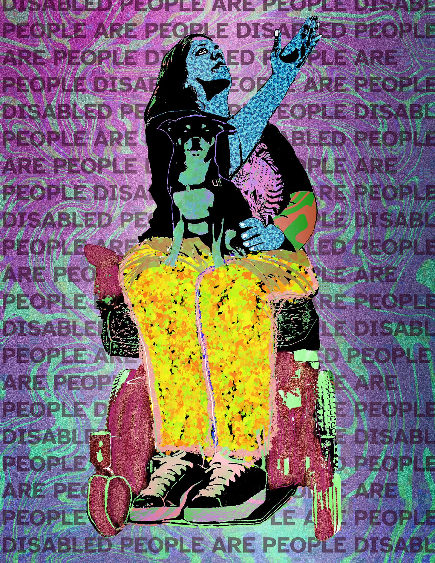 A woman with blue skin sits on a wheelchair with a small green dog on her lap. In the marbled purple background is repeated text: Disabled People are People