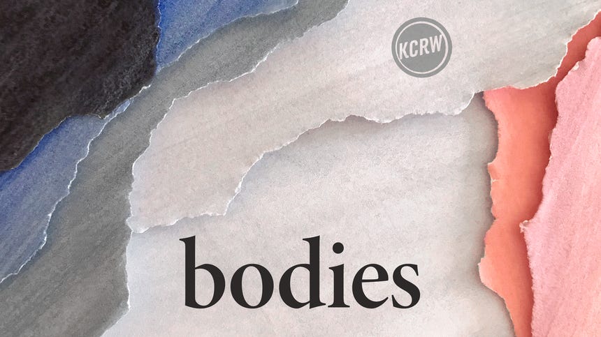 artwork van Bodies. Je ziet van boven verschillende lagen papier in verschillende kleuren die op elkaar liggen. Je kan zien dat het meerdere lagen zijn, omdat de vellen gescheurd zijn. Rechtsboven in grijs het logo van KCRW en onderaan in het midden de titel in zwart artwork van Bodies. Je ziet van boven verschillende lagen papier in verschillende kleuren die op elkaar liggen. Je kan zien dat het meerdere lagen zijn, omdat de vellen gescheurd zijn. Rechtsboven in grijs het logo van KCRW en onderaan in het midden de titel in zwart