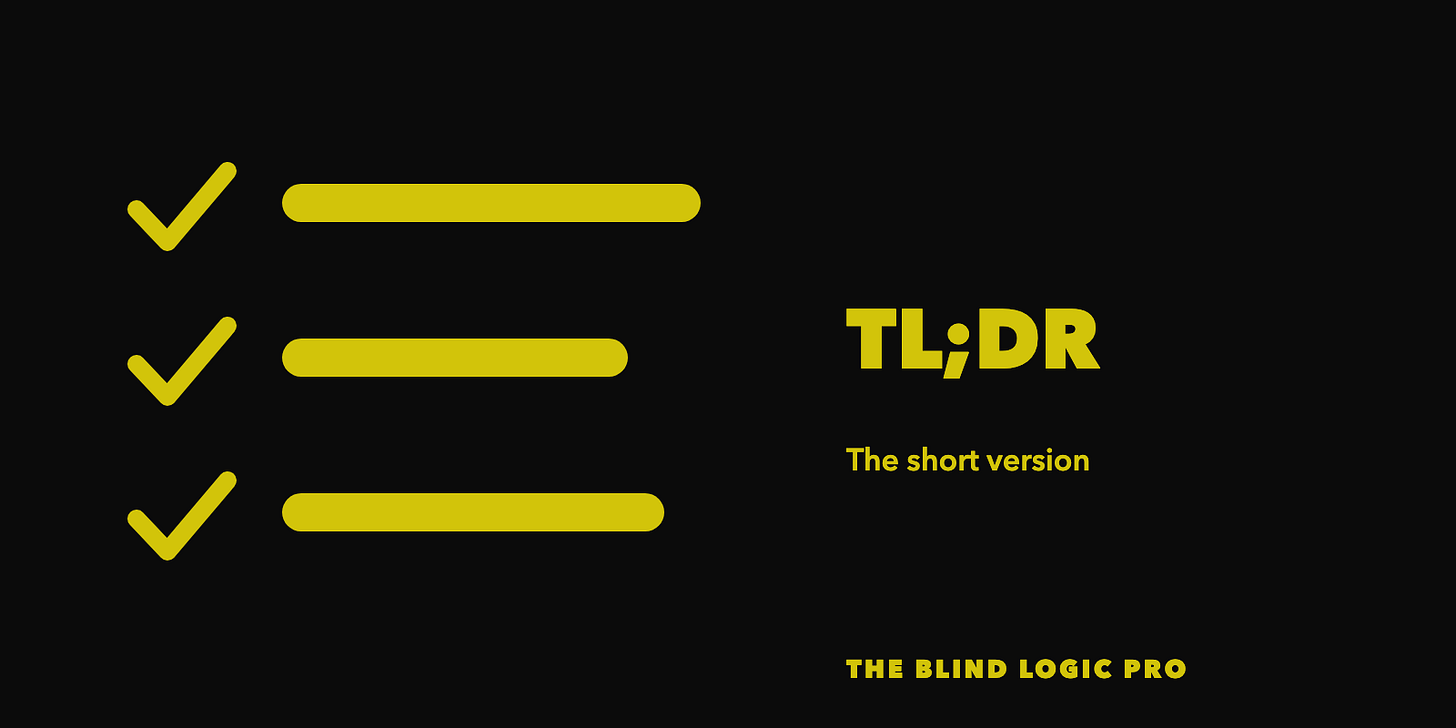 Three check marks, each beside a solid bar, with the text TL;DR, The short version. Three check marks, each beside a solid bar, with the text TL;DR, The short version.