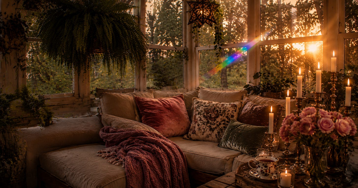 gorgeous sunroom with cozy seating, ferns, and prism light gorgeous sunroom with cozy seating, ferns, and prism light