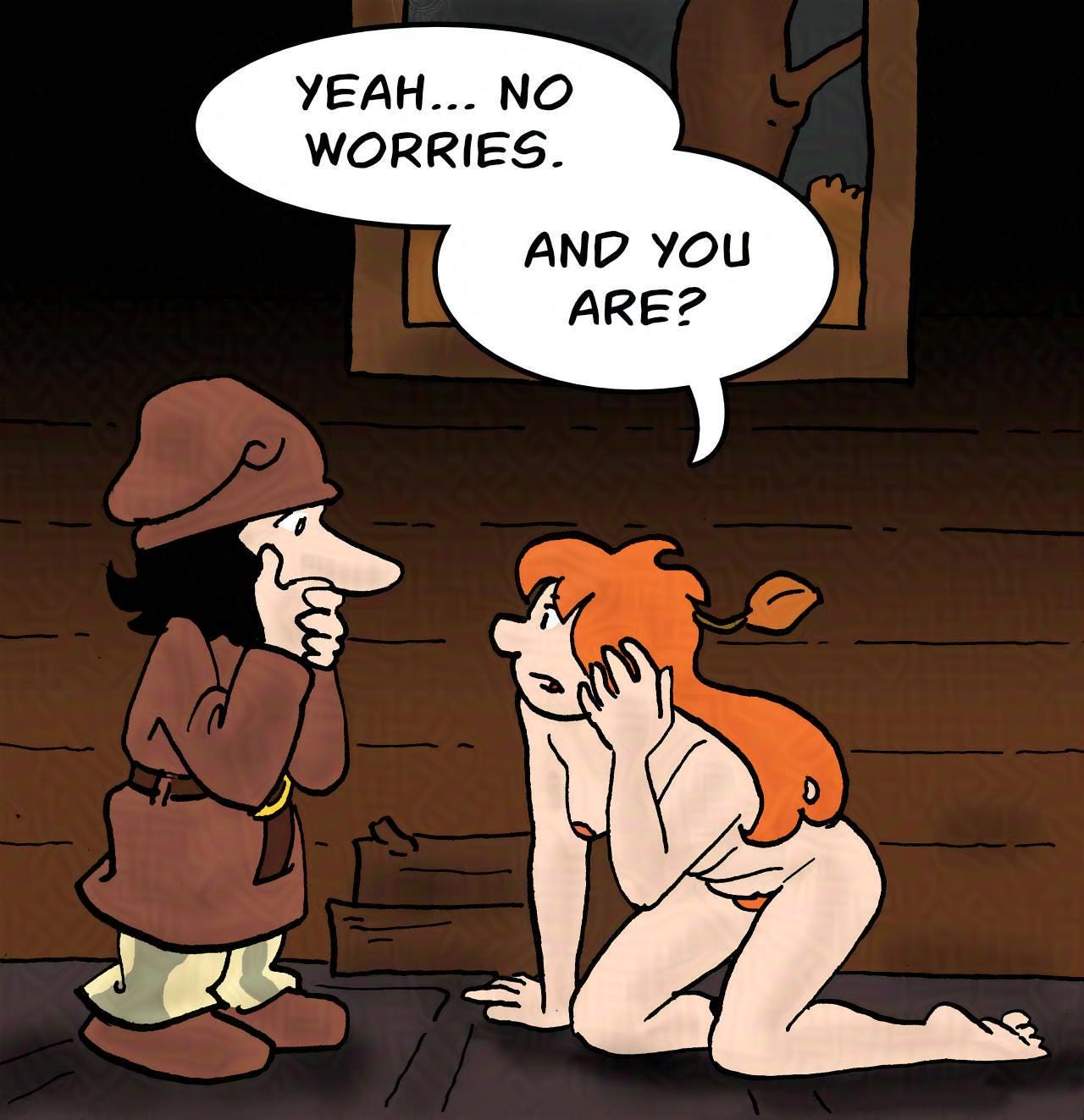 Panel 5. Kel gets up on all fours. Kel: Yeah... no worries. And you are?