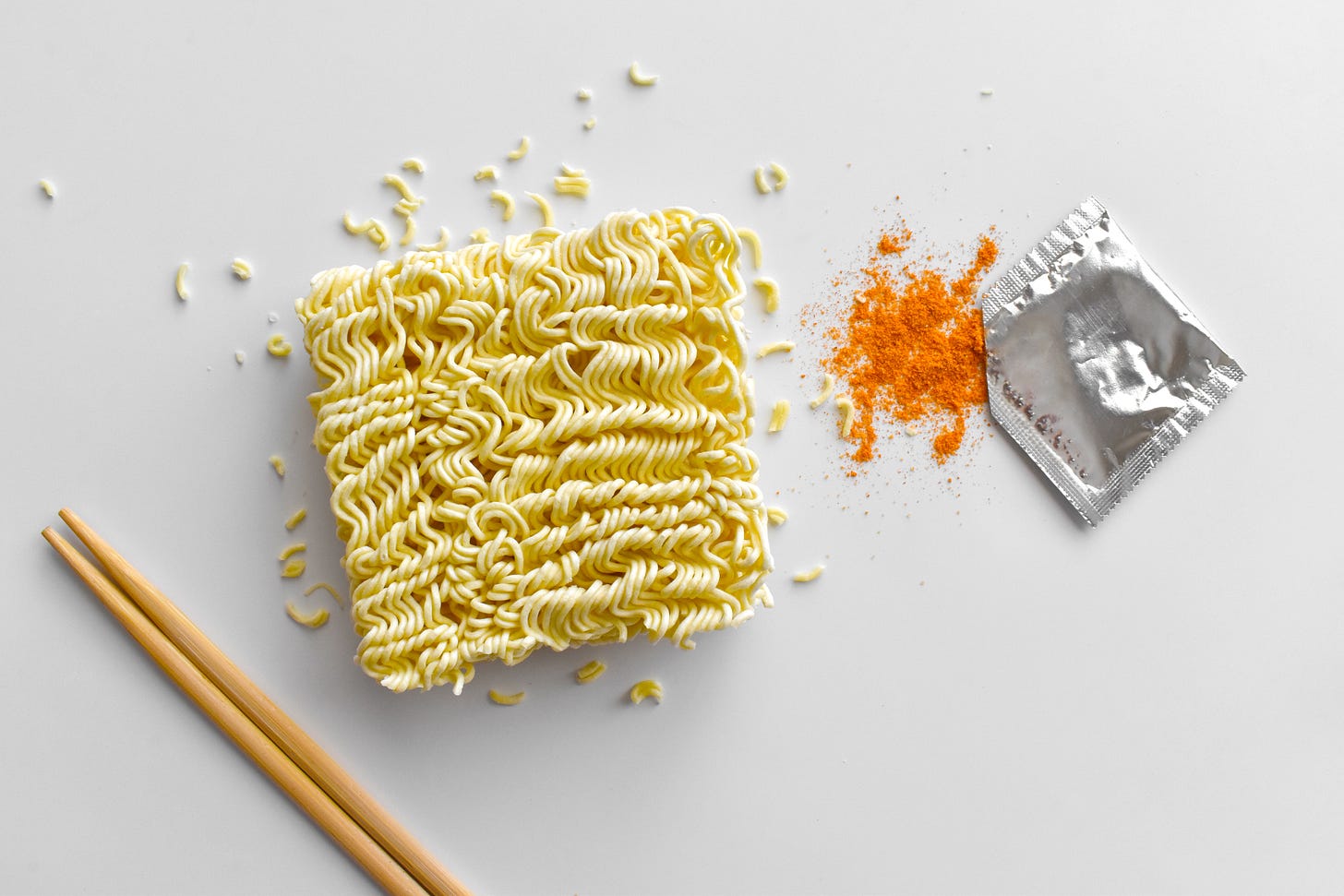 A classic instant Ramen packet with typical flavor powder.