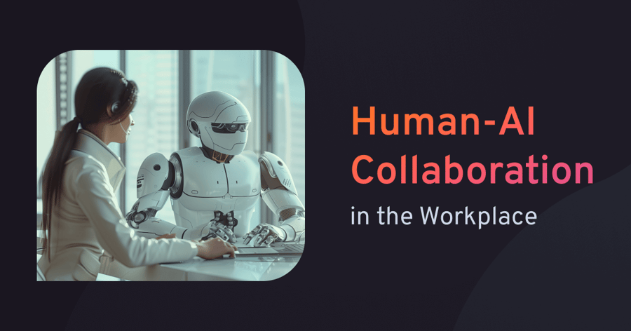 A human in professional attire sits at a table beside a humanoid robot, with the text \ A human in professional attire sits at a table beside a humanoid robot, with the text \