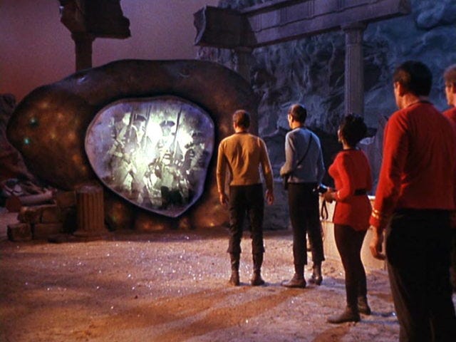 Our intrepid crew stares into the Guardian of Forever, which is showing them earth's history, specifically the American Revolution