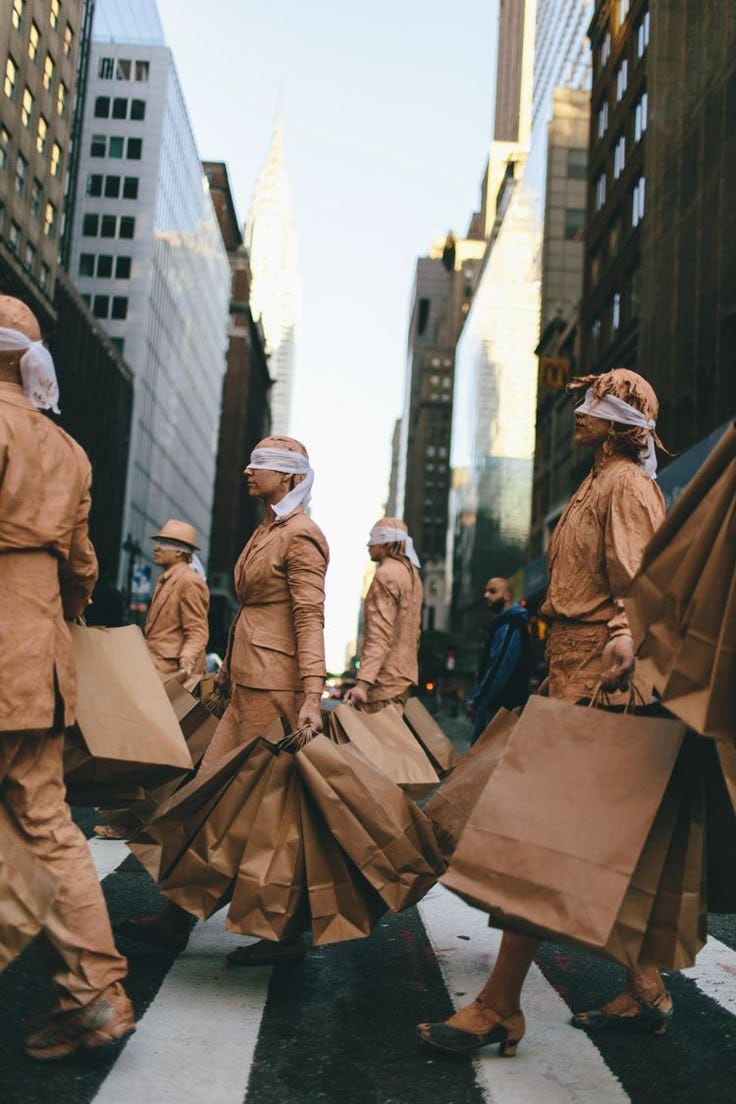 This may contain: some people are walking down the street with bags on their heads and wearing protective gear