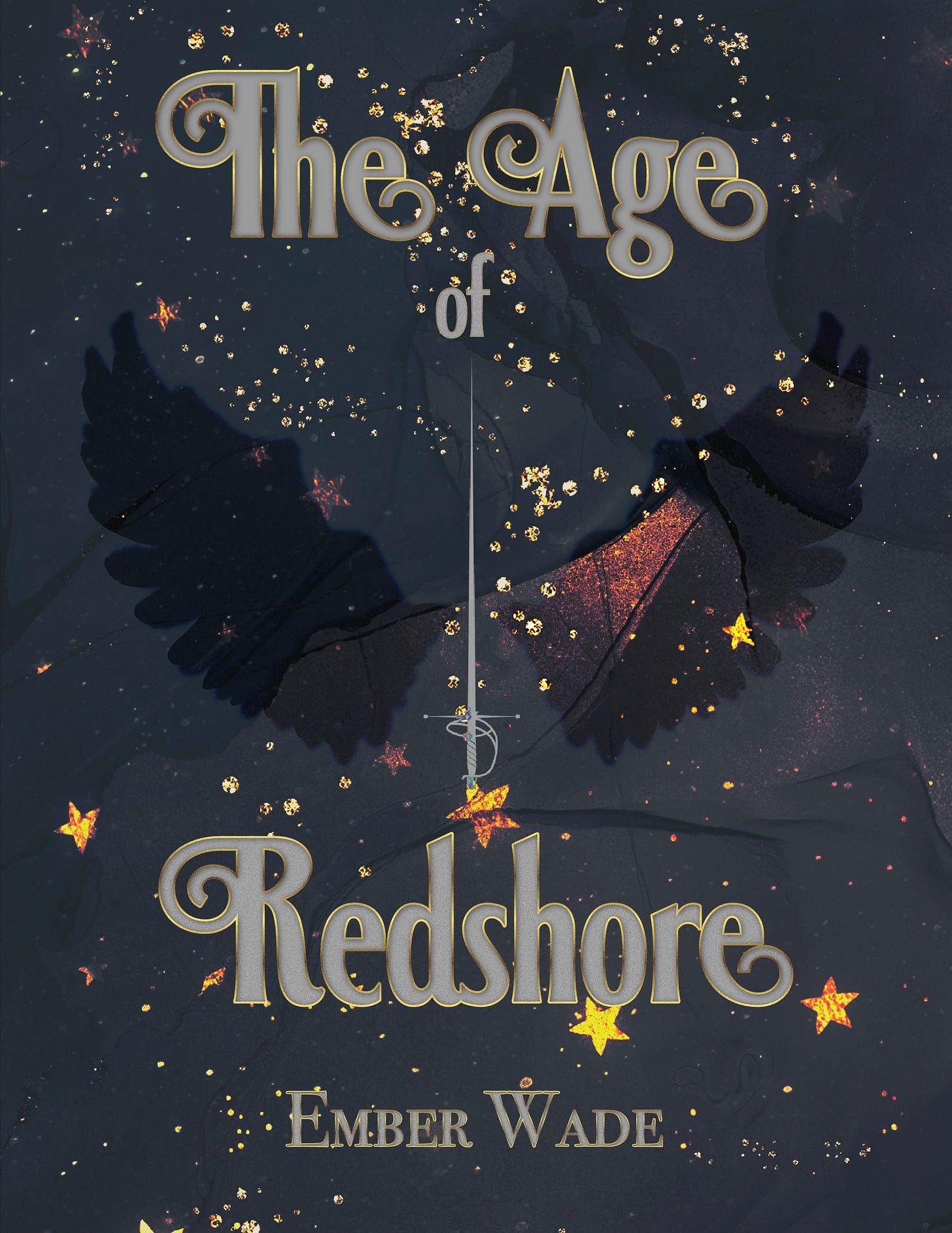 A skyward rapier in a field of stars positioned between the silhouette of two wings. The title "The Age of Redshore" and the author "Ember Wade" are listed.