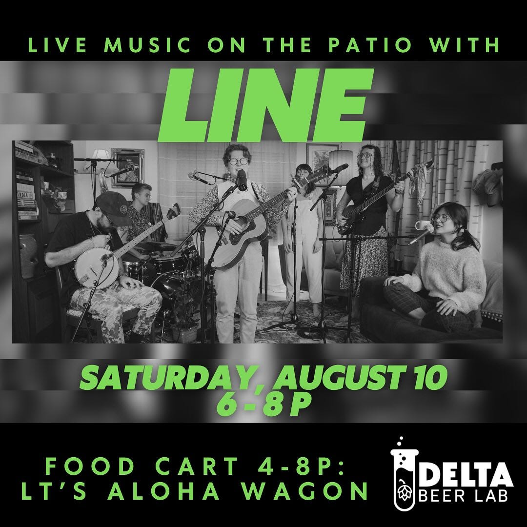 Graphic shows a photo of the band LINE playing in a living room, with green text overlaid that gives the details of the upcoming show (which are in the text below the graphic, too).