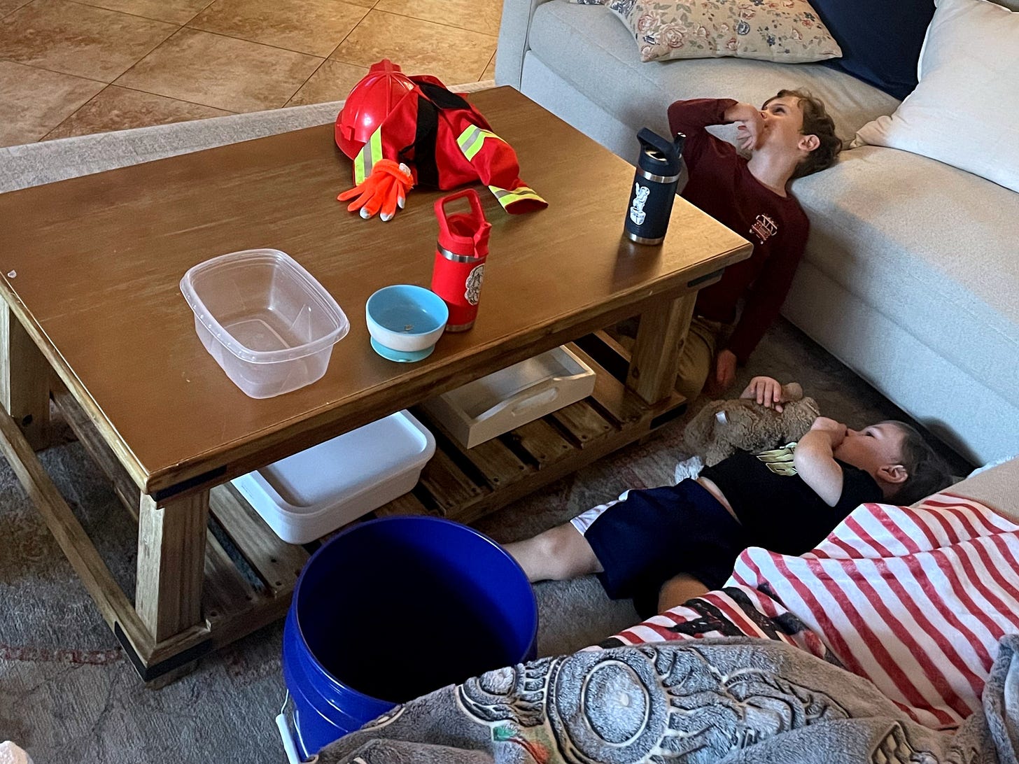 two boys laying on the floor of the living room