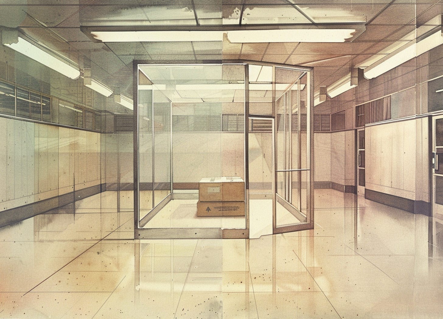 vintage watercolor illustration of a quiet corporate containment bay with a sealed glass enclosure holding an unmarked crate, rendered in a restrained 1960s training-manual style vintage watercolor illustration of a quiet corporate containment bay with a sealed glass enclosure holding an unmarked crate, rendered in a restrained 1960s training-manual style