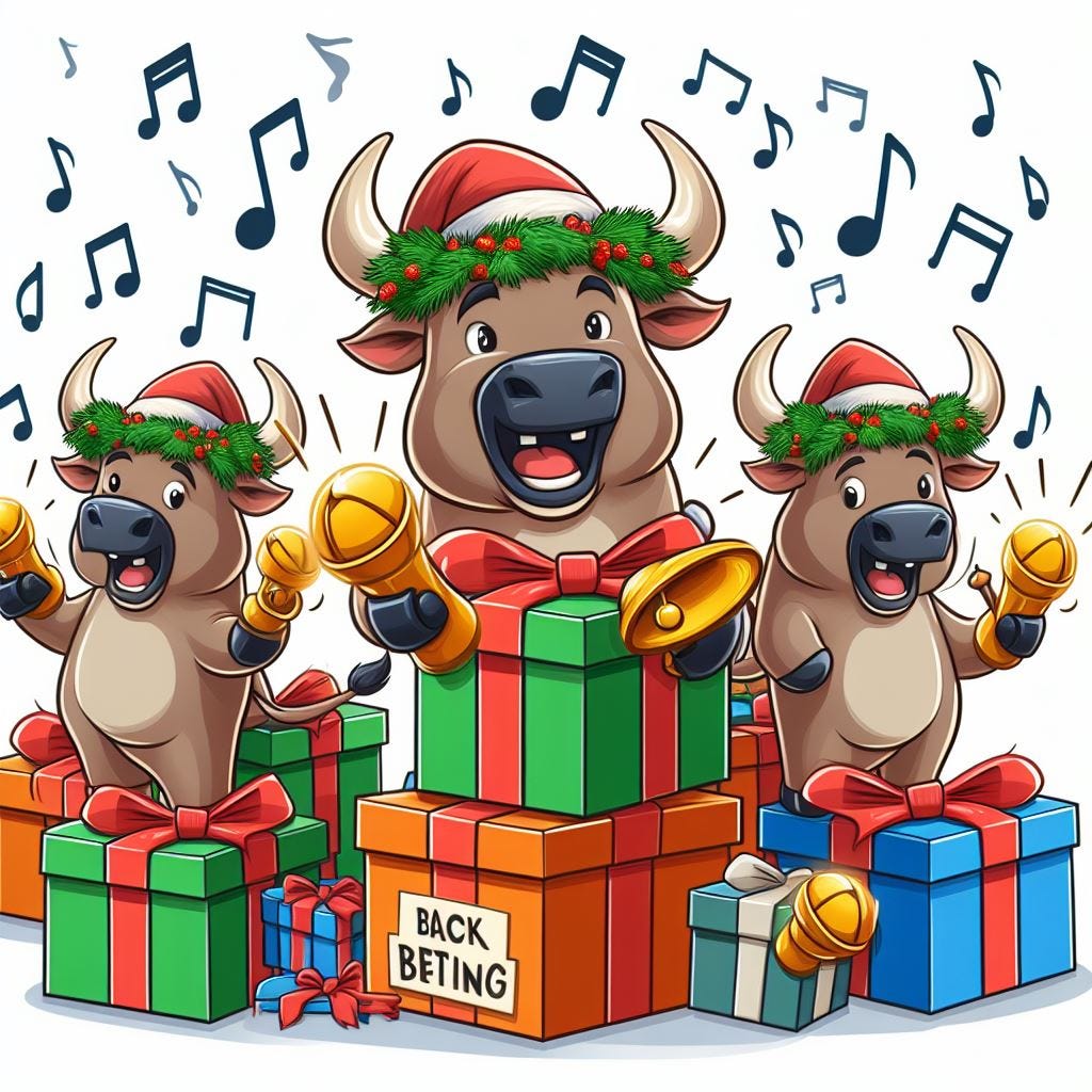 Stocks Bulls singing jingle bells cartoon