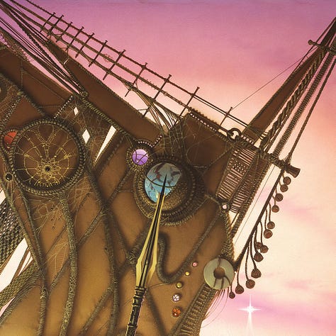 LEFT: Detail from EMPIRE'S HORIZON featuring a dark skinned alien in silhouette holding a spear. Behind, a square jawed man in tattered shirt and light coat stares directly toward the viewer. CENTER: Figure sketch for EMPIRE'S HORIZON featuring the square jawed man with goggles resting on his forehead. There is more detail in his face and looser lines for his goggles, shoulder, and arm. RIGHT: Close detail of the ship featuring the tip of the spear pointed at the marbled stone embedded in macrame. Other colorful polished stone orbs are worked into the surface of the ship. Below right is a ring magnet tied with just a few cords. To the left is webbing that resembles a dream catcher.