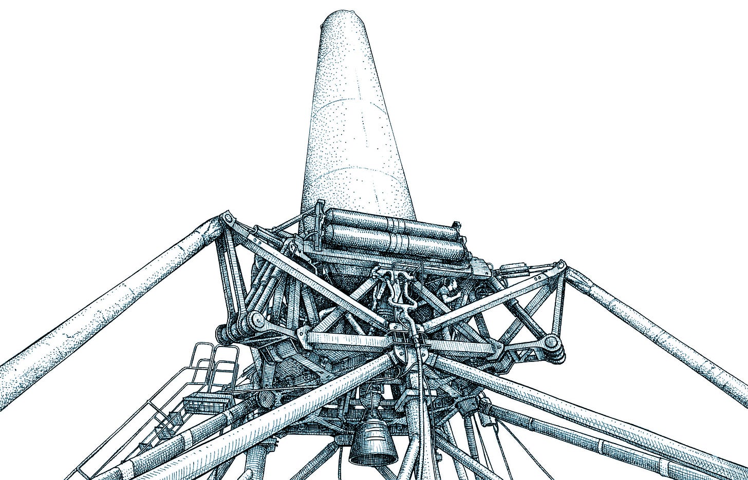 The Grasshopper test rig from below in 2012. For a sense of scale, look for the person on right side of the engine housing. (Original photo from Steve Jurvetson)