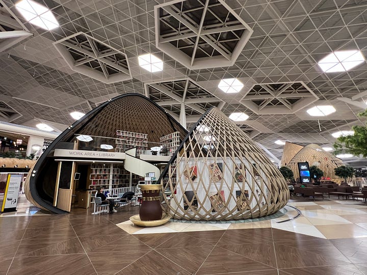 A reading nook and pay-per-hour sleeping pods in Aliyev International Airport, in Baku. 