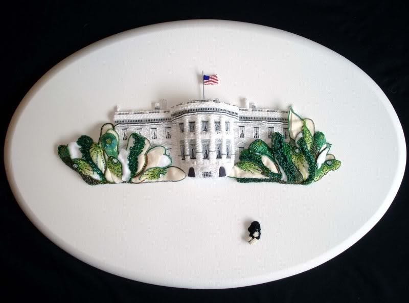 beaded White House trees oval canvas pop art painting barack obama first dog boston bead Portuguese water dog beaded White House trees oval canvas pop art painting barack obama first dog boston bead Portuguese water dog