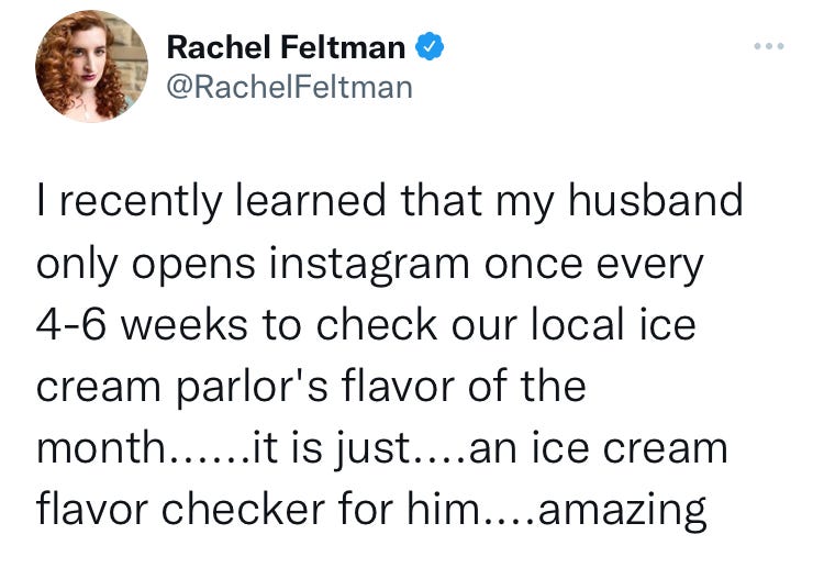 Tweet by Rachel Feltman about why her husband uses Instagram Tweet by Rachel Feltman about why her husband uses Instagram