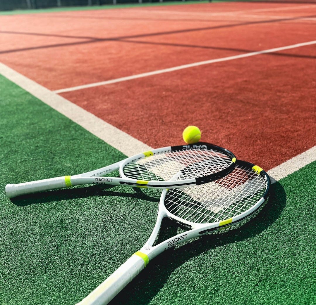 A tennis racket and two tennis balls on a tennis court