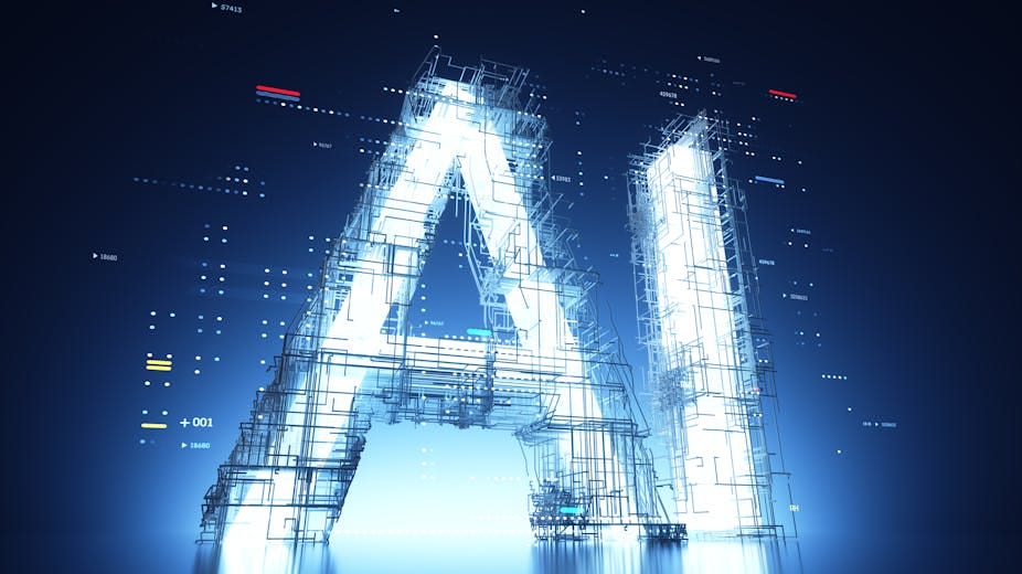 Graphic of the letters AI in white against a dark background