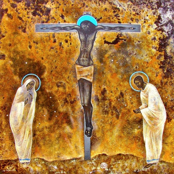 Crucifixion, original print on natural canvas and stretcher of modern icon,  made by Arsen Bereza (A.D.33 Art)