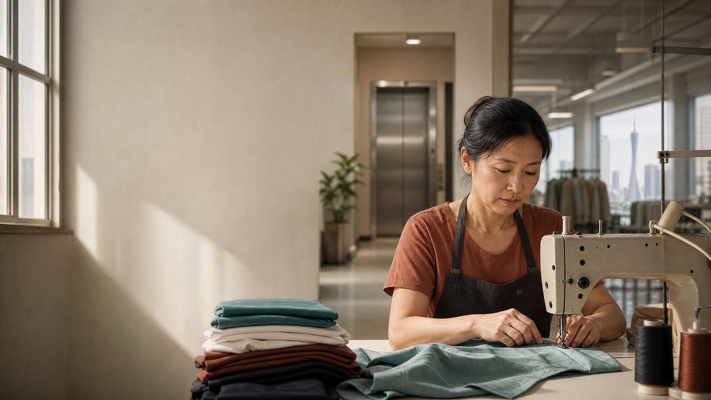 Substack cover: a garment worker in a bright Guangzhou workshop, with calm space for the article title