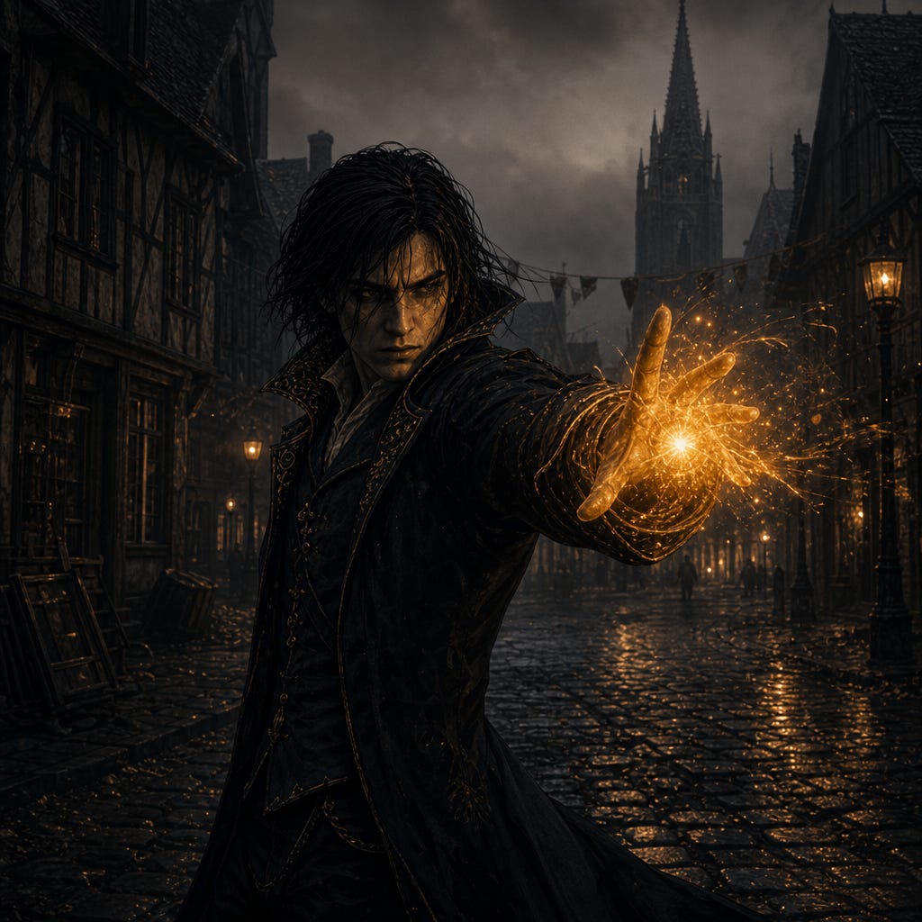 Felonious in the dark streets of Vallaki preparing to unleash a firebolt, using his ink‑black, parchment‑ivory, soft‑violet, candlelit‑gold visual palette